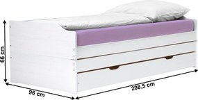 Ágy kihúzható pótágyakkal, fehér, tömörfa, 90x200, FLOPY