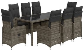 9 részes szürke polyrattan kerti bisztrógarnitúra párnákkal