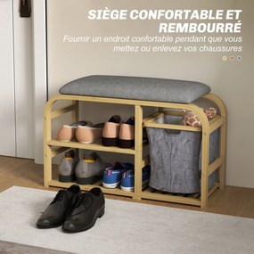 HOMCOM Bambusz Cipőpad Cipőszekrény Párnázott Üléssel, 2 Rácsos Polccal és Csúsztatható Szövet Kosárral, Előszobai Pad, 70x30x45cm, Természetes fa | A