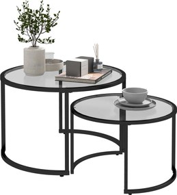 HOMCOM Kerek Coffee Table 2 darabos szett Oldal Asztal Edzett Üveg Asztallappal, Részben Rakható Nappali Asztal | Aosom