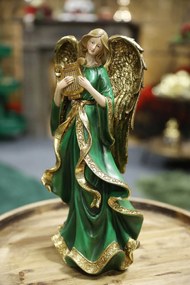 Zöld-arany angyal figura, lírával 38cm