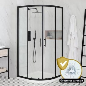 Elio Black 90X90 cm íves két tolóajtós zuhanykabin 6 mm vízlepergető biztonsági üveggel, fekete elemekkel, 190 cm magas