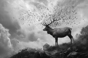 Canvas Vászonkép Absztrakt Természet Szarvas Madarak Szürke Hegyek 60x40