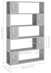 betonszürke térelválasztó könyvszekrény 100x24x155 cm