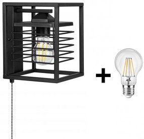 Glimex CAGE rácsos fali lámpa kapcsolóval fekete 1x E27 + ajándék LED izzó
