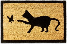 Lábtörlő macska motívummal, 40x60 cm, kókuszszínű, csúszásgátló alátéttel