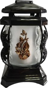 Üveg síremlék mécses kápolna fekete arany rózsával 22cm