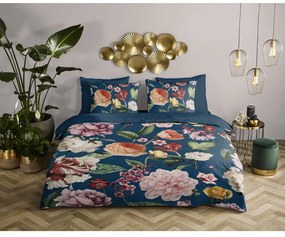 Sötétkék egyszemélyes-hosszabbított pamut-szatén ágyneműhuzat 140x220 cm Fiori – Descanso