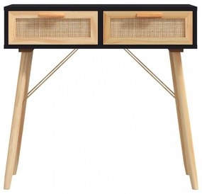 fekete tömör fenyő és természetes rattan tálaló 80x30x75 cm