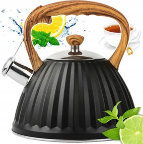 Acél Teáskanna Gázhoz 3L Fekete Síppal, Fa Nyél, Indukciós