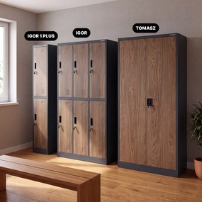 BHP öltözőszekrény, dolgozói, egyszemélyes, 2 rekesz akasztórúddal, antracit/dió, 316,5x1850x450 mm: IGOR 1 Plus Eco Design