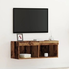 LED-es világítással ellátott TV faliszekrény, régi fa, 80x30x30 cm