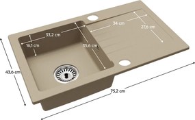 Gránit mosogató szifonnal és csepegtető felülettel, univerzális, bézs, 75,2x43,6, NOEL