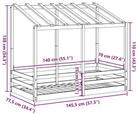 fehér tömör fenyőfa gyerekágy tetővel 70 x 140 cm