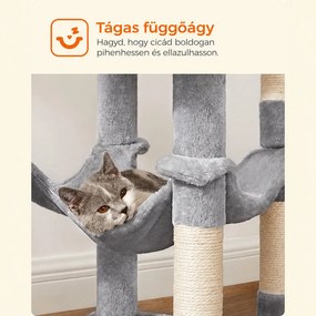 FEANDREA 143 cm magas macskafa, 2 kilátóplatformmal, macskabarlanggal és függőággyal, világosszürke