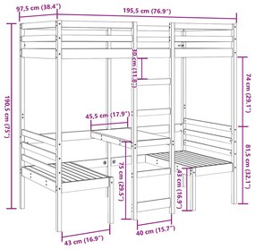 fehér fenyő galériaágy-keret asztallal és székekkel 90 x 190 cm