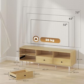 HOMCOM TV Állvány Fa TV Szekrény 75"-ig Szánt TV-khez 3 Fiókkal, 3 Nyitott Polccal, Kábelkezeléssel, Nappalira és Hálószobába, 140 x 34 x 45 cm, Termé