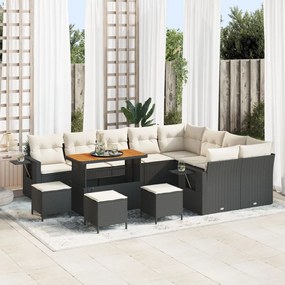 12 darabos Kert Kanapé Szett Párnákkal Fekete Poly Rattan Akác, 3 darabos Kert Étkező Szett Párnákkal Fekete Poly Rattan Akác