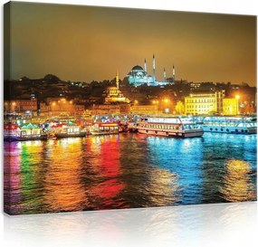 Vászonkép 100x75 Éjszakai város fény tükröződés vízpart hajók mecset
