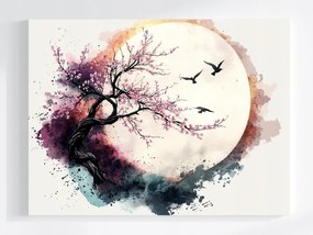 Vászonkép Canvas Grafika Hold Madarak Cseresznye Sakura Japandi 80x60
