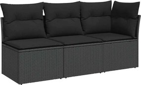 vidaXL 3 személyes fekete polyrattan kerti kanapé párnákkal