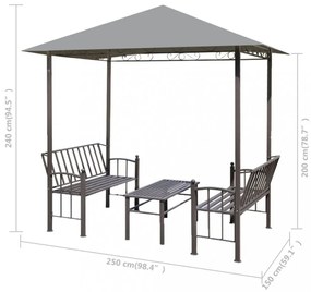 antracitszürke kerti pavilon asztallal és padokkal 2,5x1,5x2,4m