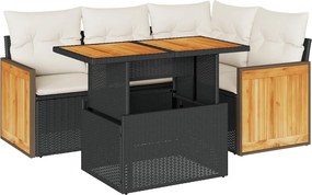 vidaXL 5 részes fekete polyrattan akácfa kerti kanapészett párnákkal