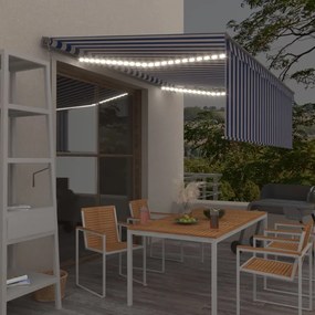 kék és fehér redőnyös, szélérzékelős, LED-es napellenző 4,5x3 m