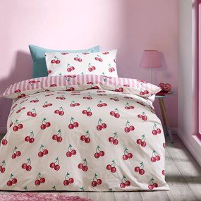 Fehér-rózsaszín egyszemélyes ágyneműhuzat 135x200 cm Disco Cherries Stripes – Catherine Lansfield