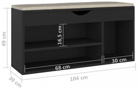 fekete szerelt fa cipőtároló pad párnával 104 x 30 x 49 cm