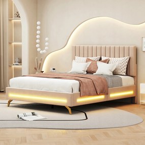 Kárpitozott ágy 140 x 200 cm franciaágy Led világítással bézs
