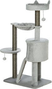 PawHut Macska Fakadály 113 cm-es Macska Torony Macska Búvóhely Sisal Oszlop Macska Kaparófa Játszófa Rámpával és Hálóval Macska Játék Világosszürke |