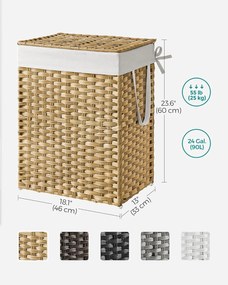 Kézzel szőtt szennyestartó, 90 literes, szintetikus rattan ruháskosár natúr