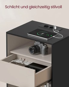 VASAGLE éjjeliszekrény, töltőfunkciós lerakóasztal, tintafekete–kapucsínó bézs