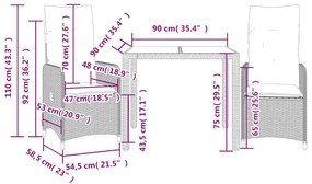 vidaXL 3 részes fekete polyrattan kerti bisztrógarnitúra párnákkal
