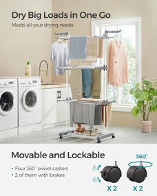 Összecsukható 4 szintes ruhaszárító állvány, mozgatható, 64 x 126 x 172 cm, rozsdamentes acél, lehajtható szárnyakkal, fehér