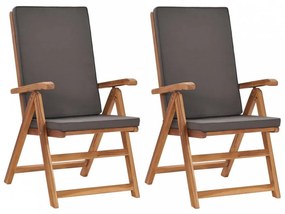 2 db szürke dönthető tömör tíkfa kerti szék párnákkal