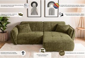 Zöld zsenília sarokkanapé (jobb oldali-heverő résszel) Nelia – Ropez