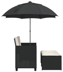 2 személyes fekete polyrattan kerti kanapé napernyővel/székkel
