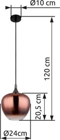 Globo 15548HG Függeszték fém fekete matt, fém fekete-króm, réz színű/átlátszó színátmenetes üveg búra, fekete textil kábel, ø: 240mm, M: 1200mm, 1x E27 60W 230V izzó nélkül