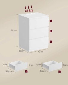 Éjjeliszekrény, oldalasztal 3 fiókkal, 2 ac aljzattal és 2 usb porttal, fehér