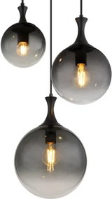 Globo 15885-3H Függeszték fém fekete matt, füstszínű üveg búra, fekete PVC kábel, magassága lerövidíthető, ø: 390mm, M: 1415mm, a búrák méretei: 1 x 15 cm, 20 cm, 25 cm, 3x E27 LED 10W 230V izzók nélkül
