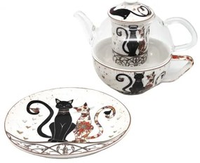 Fekete-arany cicás porcelán teáskészlet - 1 személyes szűrővel