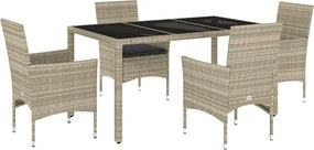 vidaXL 5 részes szürke polyrattan/üveg kerti étkezőgarnitúra párnával