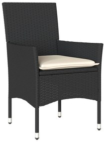 5 darabos kerti étkező garnitúra párnákkal fekete polirattan, Kerti asztal fekete 160x80x73 cm edzett üveggel