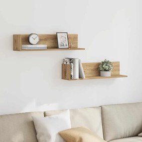 2 db kézműves tölgy színű szerelt fa fali polc 75x16,5x16,5 cm