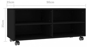 fekete szerelt fa TV-szekrény görgőkkel 90 x 35 x 35 cm