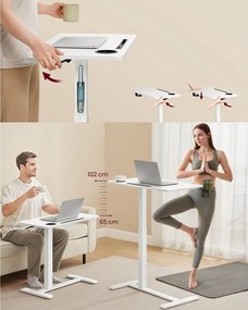 Gurulós ágy melletti asztal, kis állítható magasságú asztal, 70 × 40 cm-es asztallap, fehér