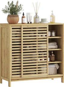 HOMCOM Bambusz Fürdőszoba Szekrény 2 Csúszóajtóval, Rácsos Design, 4 Polcos Tároló Szekrény Konyhába, Nappaliba 80x34x80 cm Természetes | Aosom