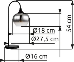 Globo 15548T Asztali lámpa fém matt fekete, füstszínű üveg, fekete textil kábel, billenőkapcsoló a kábelen, HxSzxM.: 275x180x540mm, kábelhossz 1500mm, nem tartozék: 1x E27 40W 230V